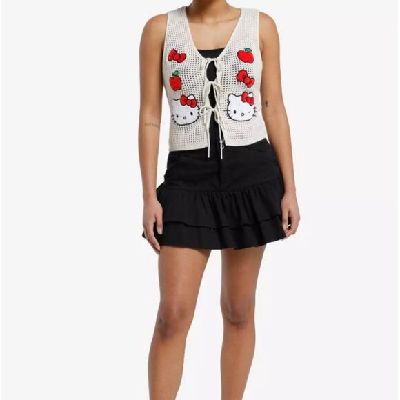 HELLO KITTY Patches Open Knit Sweater Vest BEIGE WHITE & RED size XL Hot Topic - Picture 3 of 10